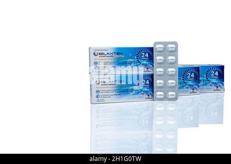 CHONBURI, THAILAND-MAY 24, 2020 : ฺBilaxten Tabletten Pillen in Aluminiumfolie Blisterverpackung. Bilastin 20 mg nicht sedierende Antihistaminika. Bilaxten i. Stockfoto