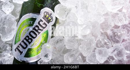 POSEN, POL - 10. JUN 2020: Flasche Tuborg Bier, hergestellt von einem dänischen Brauunternehmen, das 1873 in der Nähe von Kopenhagen gegründet wurde Stockfoto