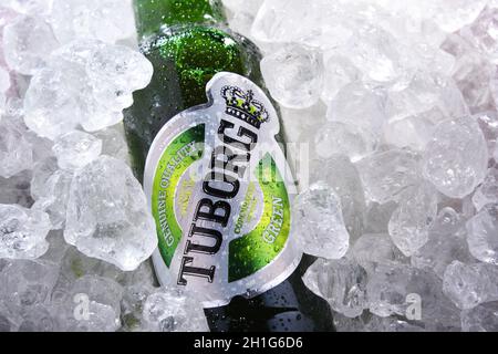 POSEN, POL - 10. JUN 2020: Flasche Tuborg Bier, hergestellt von einem dänischen Brauunternehmen, das 1873 in der Nähe von Kopenhagen gegründet wurde Stockfoto