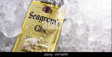 POZNAN, POL - 28. MAI 2020: Flasche Seagrammes Gin, der meistverkaufte Gin Amerikas, produziert seit 1939. Stockfoto