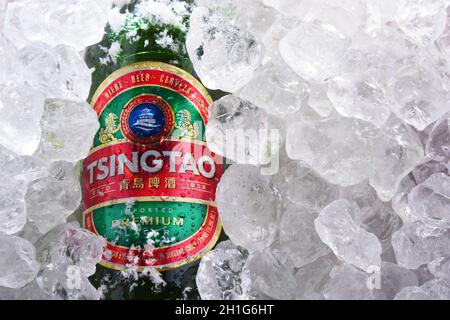 POSEN, POL - 28. MAI 2020: Flaschen Tsingtao Bier, Produkt der Tsingtao Brauerei, Chinas zweitgrößte Brauerei in Qingdao in Shandong Provi Stockfoto