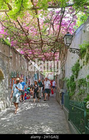 Positano, Italien - 28. Juni 2014: Touristen, die auf der mit Blumen bedeckten Straße spazieren gehen Rebe Schatten in Positano, Italien. Stockfoto