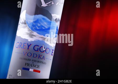 POZNAN, POL - JUL 1, 2020: Flakon of Grey Goose, eine Marke von Französisch Wodka in den 1990er Jahren von Sidney Frank, jetzt im Besitz von Bacardi Stockfoto