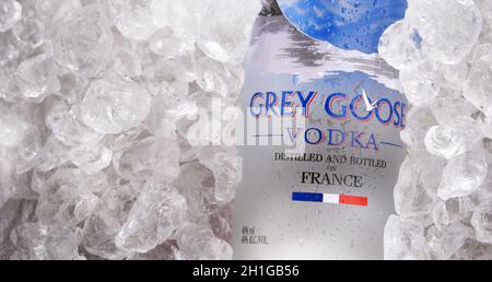 POZNAN, POL - JUL 1, 2020: Flakon of Grey Goose, eine Marke von Französisch Wodka in den 1990er Jahren von Sidney Frank, jetzt im Besitz von Bacardi Stockfoto