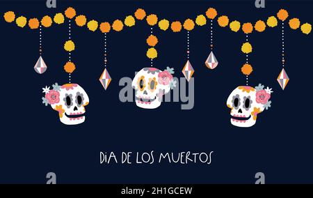 Dia de Los Muertos Grußkarte, Einladung. Mexikanischer Tag der Toten. Hängende Zierschädel Dekoration Blumengirlande aus orangefarbener Ringelblume, Tagetes Stock Vektor