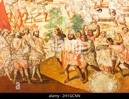 Hernan Cortes in Zempuala von der Cacique Gordo begrüßt. Details. Set von Los enconchados Gemälde über Azteken Reich Eroberung. Museum of Americas, Mad Stockfoto