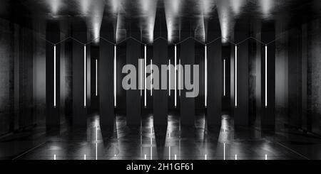 Leere dunkle futuristische Innenbühne, Produktausstattraum. Abstrakt dunklen Hintergrund beleuchtete Szene mit langen vertikalen LED-Lichter und Reflexionen o Stockfoto