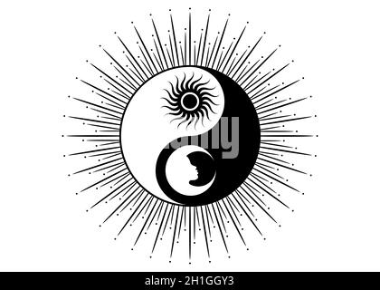 Mystische Zeichnung stilisierte Sonne und Mond sakrales Logo Design, Tag und Nacht. Zen-Symbol. Ying Yang Zeichen der Harmonie und des Gleichgewichts. Monochromes VEKTORZEICHEN Stock Vektor