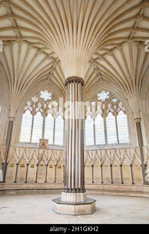 WELLS, Großbritannien - 07. Oktober 2011. Das Kapitelhaus, eine Kammer in der Kathedrale von Wells mit gotischen Säulen und gewölbter Decke. Wells, Somerset, Großbritannien Stockfoto