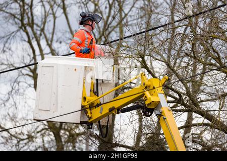 BUCKINGHAM, Großbritannien - 25. März 2021. Versorgungsarbeiter in einem Kirschpflücker, der Bäume in der Nähe von Hochspannungsfreileitungen schneidet, Großbritannien Stockfoto