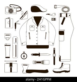 Set von Silhouetten von Kleidung für Männer. Schwarzer Umriss auf weißem Hintergrund. Reisegarderobe. Oberbekleidung und Werkzeuge. Vektorgrafik Stock Vektor