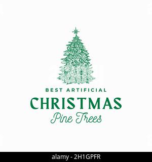 Beste künstliche Weihnachten Pinien Vektor-Zeichen, Symbol oder Logo-Vorlage. Handgezeichnete Holiday verzierte Nadelbäume Tree Sketch Silhouette mit Retro Stock Vektor