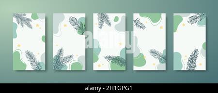 Weihnachten, Neujahr Trendy Editierbare Geschichten Vorlagen Set. Abstrakte Formen und Kiefer Fichte Zweige für soziale Netzwerke Hintergründe. Soziale Medien Stock Vektor