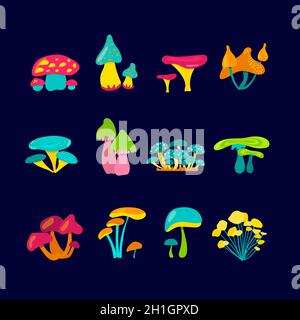 Eine Reihe von fabelhaften Pilzen. Helle, fantastische Pilze zum Auftragen oder ClipArt. Cartoon-Zutaten für eine Hexe oder einen Außerirdischen. Vektorgrafik Stock Vektor