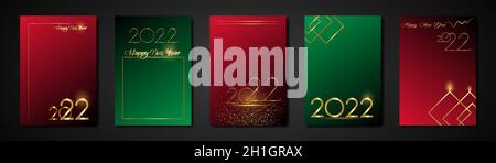 Set Cards 2022 Happy New Year Gold Textur, goldener Luxus rot und grün moderner Hintergrund, Elemente für Kalender, Grußkarte oder Weihnachten Themen Stock Vektor