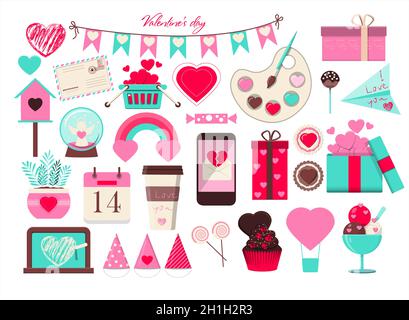 Riesige Reihe von Symbolen für Valentinstag. Vektordarstellung von 50 Objekten für den Urlaub am 14. Februar. Set von flachen Design-Zeichnungen für Romantik Stock Vektor
