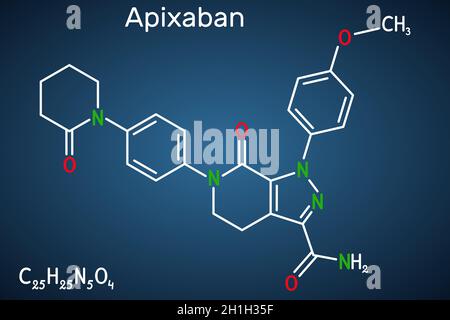 Apixaban-Molekül. Es ist Pyrazolopyridin, Antikoagulans und direkter Inhibitor des Faktors Xa, der verwendet wird, um das Risiko von venösen Thrombosen zu verringern. Da Stock Vektor