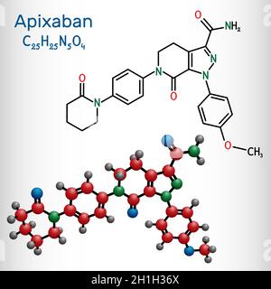 Apixaban-Molekül. Es ist Pyrazolopyridin, Antikoagulans und direkter Inhibitor des Faktors Xa, der verwendet wird, um das Risiko von venösen Thrombosen zu verringern. St Stock Vektor