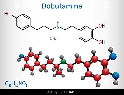 Dobutamin-Molekül. Es handelt sich um synthetisches Katecholamin, das nach einer Herzoperation und bei schwerer Herzinsuffizienz als kardiotonisches Mittel verwendet wird. Strukturchemikalie Stock Vektor