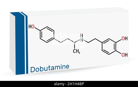 Dobutamin-Molekül. Es handelt sich um synthetisches Katecholamin, das nach einer Herzoperation und bei schwerer Herzinsuffizienz als kardiotonisches Mittel verwendet wird. Skelett-Chemikalie Stock Vektor