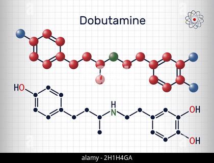 Dobutamin-Molekül. Es handelt sich um synthetisches Katecholamin, das nach einer Herzoperation und bei schwerer Herzinsuffizienz als kardiotonisches Mittel verwendet wird. Blatt Papier in einem Stock Vektor