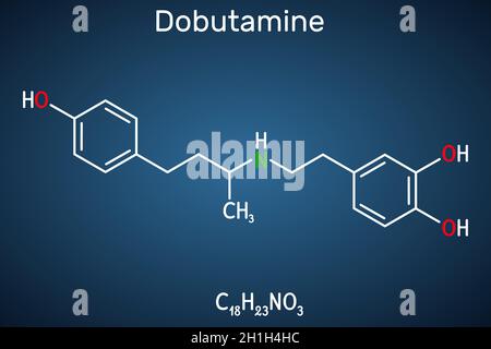 Dobutamin-Molekül. Es handelt sich um synthetisches Katecholamin, das nach einer Herzoperation und bei schwerer Herzinsuffizienz als kardiotonisches Mittel verwendet wird. Strukturchemikalie Stock Vektor