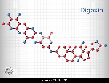 Digoxin, Molekül. Es handelt sich um Herzglykosid, kardiovaskuläre Medikamente, die zur Behandlung von Vorhofflimmern und Symptomen einer Herzinsuffizienz verwendet werden. pape Stock Vektor