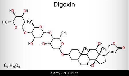 Digoxin, Molekül. Es handelt sich um Herzglykosid, kardiovaskuläre Medikamente, die zur Behandlung von Vorhofflimmern und Symptomen einer Herzinsuffizienz verwendet werden. Struktureller ch Stock Vektor