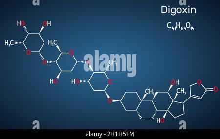 Digoxin, Molekül. Es handelt sich um Herzglykosid, kardiovaskuläre Medikamente, die zur Behandlung von Vorhofflimmern und Symptomen einer Herzinsuffizienz verwendet werden. Struktureller ch Stock Vektor