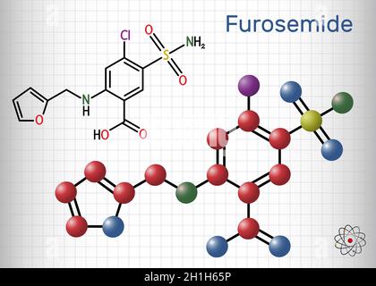 Furosemid, Frusemid-Molekül. Diuretikum, wird verwendet, um Hypertonie und Ödeme zu behandeln. Strukturelle chemische Formel und Molekülmodell. Blatt Papier Stock Vektor