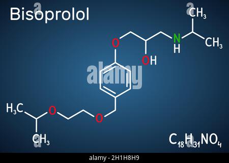 Bisoprolol-Molekül. Es ist kardioselektiver Beta-Blocker, der zur Behandlung von Bluthochdruck und Bluthochdruck verwendet wird. Strukturelle chemische Formel auf dem Dunkelblau Stock Vektor