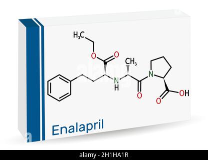 Enalapril, Molekül. Es ist ACE-Hemmstoff zur Behandlung von Bluthochdruck und Herzinsuffizienz. Chemische Formel des Skeletts. Papierverpackungen für Medikamente. Stock Vektor