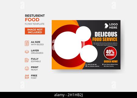 Fast Food Flyer Design-Vorlage Kochen, Café und Restaurant-Menü, Lebensmittel bestellen, Junk-Food. Pizza, Burger, Pommes Frites und Soda. Stock Vektor