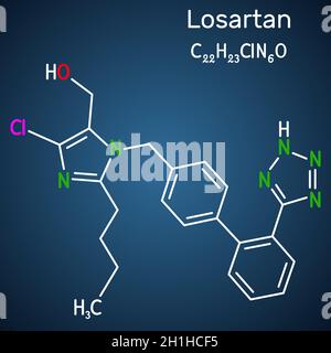 Losartan-Molekül. Es ist ein Medikament, das zur Behandlung von Bluthochdruck, diabetischer Nierenerkrankung, Herzinsuffizienz verwendet wird. Strukturelle chemische Formel auf der dunkelblauen Rückseite Stock Vektor