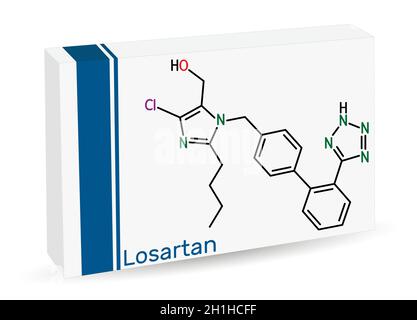 Losartan-Molekül. Es ist ein Medikament, das zur Behandlung von Bluthochdruck, diabetischer Nierenerkrankung, Herzinsuffizienz verwendet wird. Chemische Formel des Skeletts. Papierverpackung für Arzneimittel Stock Vektor