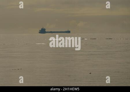 Ein Frachtschiff fährt auf den Ozean in der Haro Strait. Stockfoto