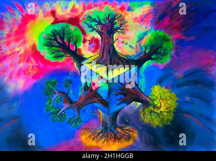 Foto der erstaunlichen Zeichnung von fantastischen MultiDimension-Bäumen auf einem Würfel mit Acrylfarben und Markern. Bunte psychedelische Kunst von Artem Bgut Stockfoto