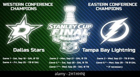 Grafik: Leuchtende Logos von NHL Stanley Cup, Dallas Stars und Tampa Bay Lightning auf grün und blau Carbon texturierten Hintergrund. Text: Alle Daten o Stockfoto