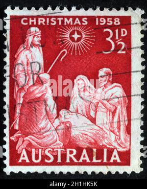 Die in Australien gedruckte Weihnachtsmarke zeigt die Geburt Jesu Christi, um 1958 Stockfoto