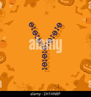 Halloween Buchstabe Y aus Totenköpfen und Querknochen für Design. Festliche Schriftart für Urlaub und Party auf orangefarbenem Hintergrund mit Kürbissen, Spinnen, Fledermäusen und Geistern Stock Vektor