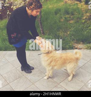 Eine kaukasische Frau spielt im Garten mit ihren Haustieren. Hochwertige Fotos Stockfoto