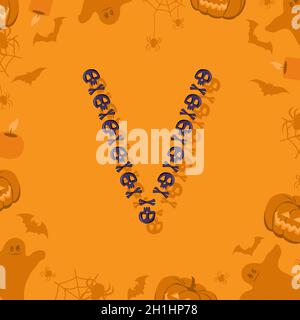 Halloween Buchstabe V aus Totenköpfen und Kreuzknochen für Design. Festliche Schriftart für Urlaub und Party auf orangefarbenem Hintergrund mit Kürbissen, Spinnen, Fledermäusen und Geistern Stock Vektor