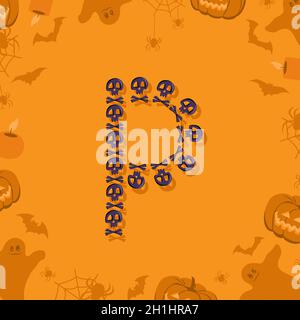 Halloween Buchstabe P aus Totenköpfen und Querknochen für Design. Festliche Schriftart für Urlaub und Party auf orangefarbenem Hintergrund mit Kürbissen, Spinnen, Fledermäusen und Geistern Stock Vektor