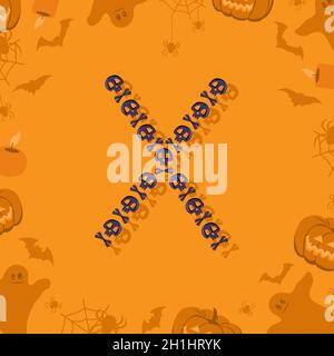 Halloween Buchstabe X aus Totenköpfen und Querknochen für Design. Festliche Schriftart für Urlaub und Party auf orangefarbenem Hintergrund mit Kürbissen, Spinnen, Fledermäusen und Geistern Stock Vektor