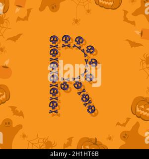 Halloween Buchstabe R aus Totenköpfen und Querknochen für Design. Festliche Schriftart für Urlaub und Party auf orangefarbenem Hintergrund mit Kürbissen, Spinnen, Fledermäusen und Geistern Stock Vektor