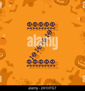 Halloween Buchstabe Z aus Totenköpfen und Querknochen für Design. Festliche Schriftart für Urlaub und Party auf orangefarbenem Hintergrund mit Kürbissen, Spinnen, Fledermäusen und Geistern Stock Vektor