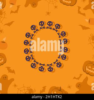 Halloween Buchstabe O aus Totenköpfen und Querknochen für Design. Festliche Schriftart für Urlaub und Party auf orangefarbenem Hintergrund mit Kürbissen, Spinnen, Fledermäusen und Geistern Stock Vektor