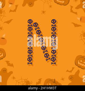 Halloween Buchstabe N aus Totenköpfen und Kreuzknochen für Design. Festliche Schriftart für Urlaub und Party auf orangefarbenem Hintergrund mit Kürbissen, Spinnen, Fledermäusen und Geistern Stock Vektor