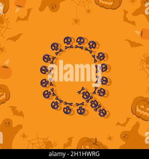 Halloween Buchstabe Q aus Totenköpfen und Querknochen für Design. Festliche Schriftart für Urlaub und Party auf orangefarbenem Hintergrund mit Kürbissen, Spinnen, Fledermäusen und Geistern Stock Vektor