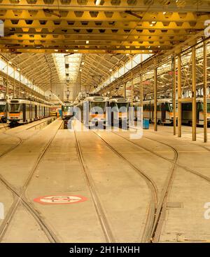 Straßenbahnen im Depot geparkt, die Infrastruktur des öffentlichen Verkehrs, Brüssel, Belgien Stockfoto